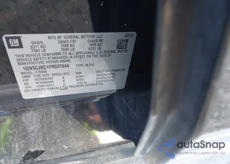 2015 Chevrolet Suburban 1500 Lt из США, поврежденный, VIN 1GNSCJKC1FR597944